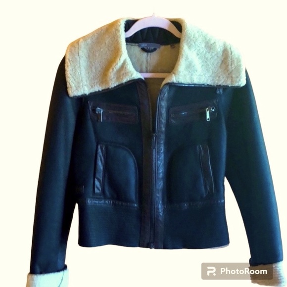 Vince Genuine Brown Leather Moto Flight Jacket with Shearing interior